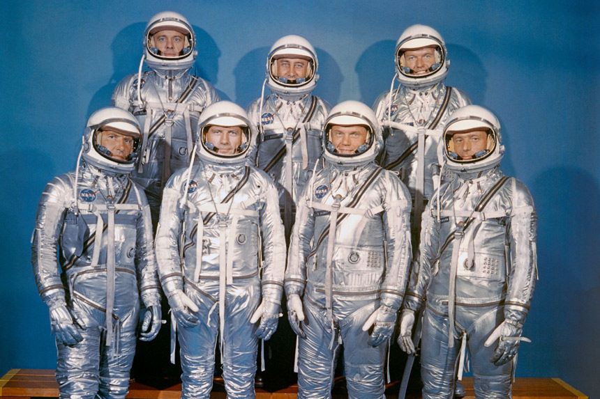 Members of the Mercury Seven in space suits