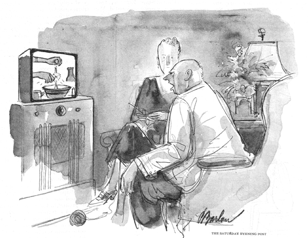 A grouchy older man complains about the cost of his new television to his wife.