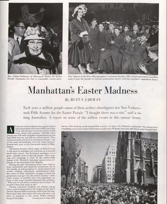 First page of the article, "Manhattan's Easter Madness"
