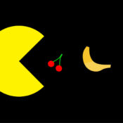 Pac-Man eating various fruits that appear in the game.