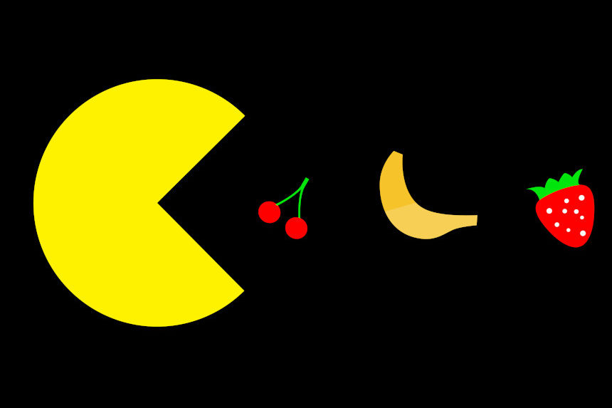 Pac-Man eating various fruits that appear in the game.