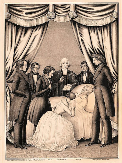 William Henry Harrison on his death bed, surrounded by family and aides