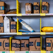 Shelf full of Amazon packages