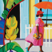 Illustration of a woman walking down a street with palm trees hanging overhead.