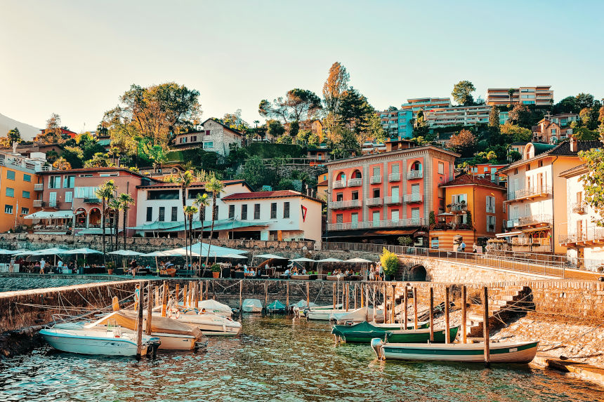 Boats docked at a pier in Ascona.