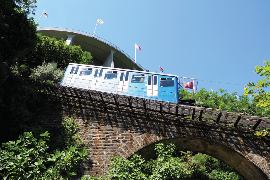A funicular car in motion.