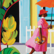 Woman walking down a street with an umbrella to shield herself from the hot summer sun.