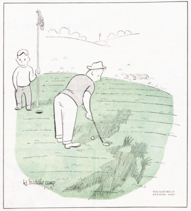 A man's notices a shadow make a mocking face at him as he prepares his putt on the golf green.