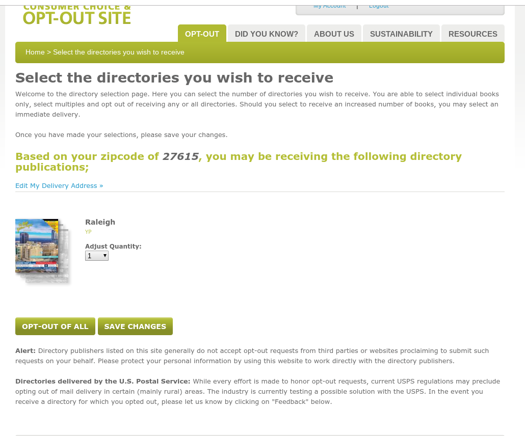 Webpage on the site Yellow Pages Opt Out that lists the telephone books for the user's zip code. An option to opt out of some or all of the books can be seen.