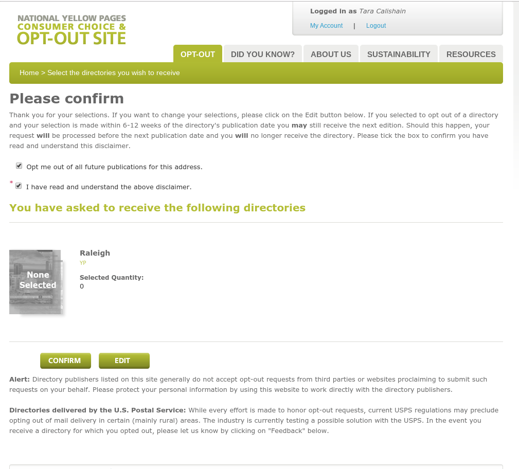 Confirmation screen after opting out of telephone book delivery on the site, Yellow Pages Opt Out