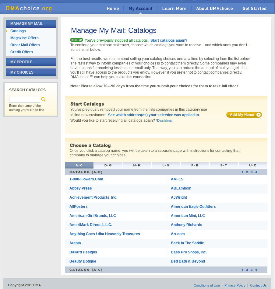 A menu on DMAchoice a list of merchants that have a user's contact info, and how to disallow catalogue mailings from them.