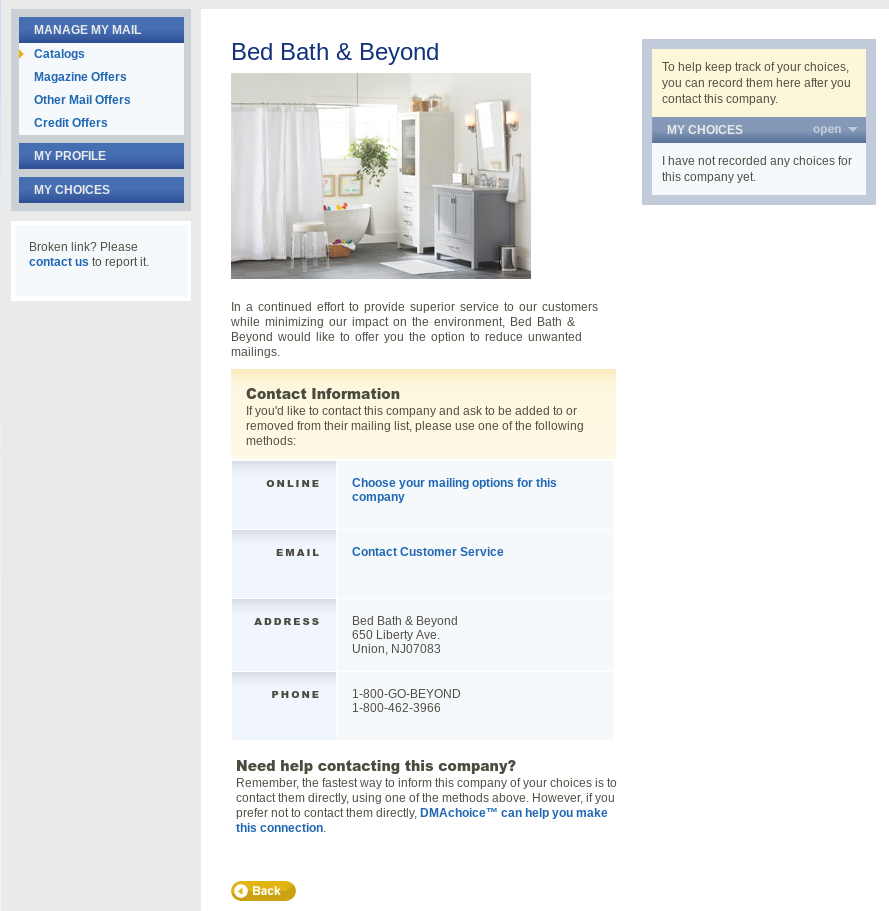 Contact info for Bed, Bath, & Beyond found on the website DMAchoice, with instructions on how to contact them to reduce mailings.