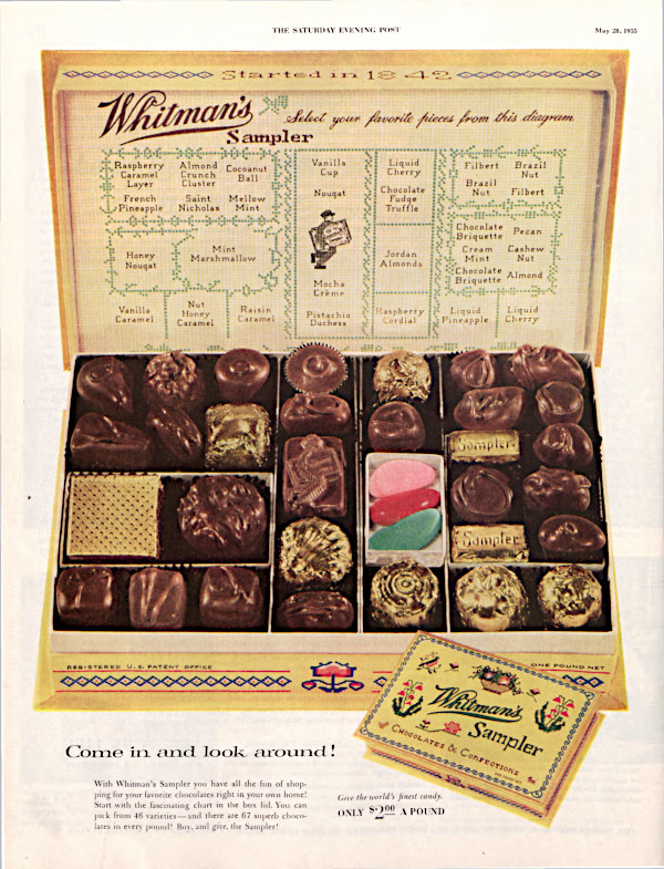 Ad for a Whitman's Chocolates sampler, with an open box of delicious chocolate candies.