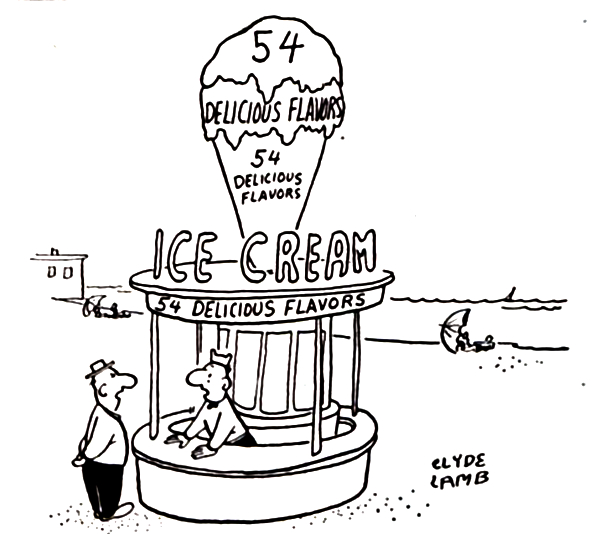 An ice cream man lists the plethora of flavors he has available to his customer; the customer prefers it simple and asks for a vanilla cone.