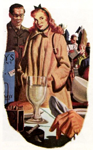 A woman in a mink coat walks by a restaurant table. Nearby men are staring at her, smiling.