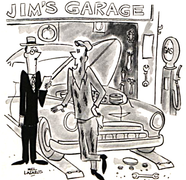 Mechanic talking to a car owner in his garage.