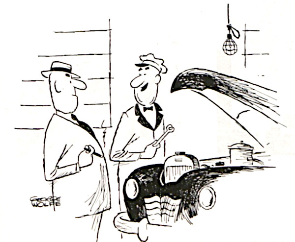 Mechanic talking to a car owner in his garage.