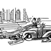As the married couple's car drives off, the groom turns and tells the children to stop carrying the bride's veil; the children are in a little car following the bride and groom.