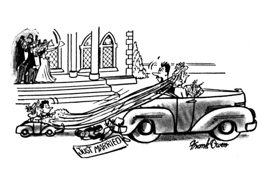 As the married couple's car drives off, the groom turns and tells the children to stop carrying the bride's veil; the children are in a little car following the bride and groom.