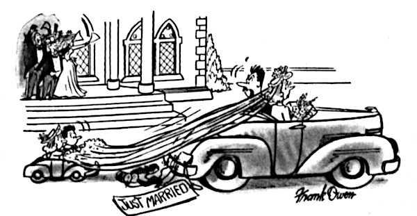 As the married couple's car drives off, the groom turns and tells the children to stop carrying the bride's veil; the children are in a little car following the bride and groom.