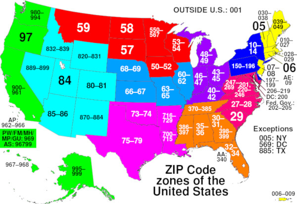 Political map showing the different USPS ZIP code zones in the United States. Regions are divided by color, and each state shows its own number range.