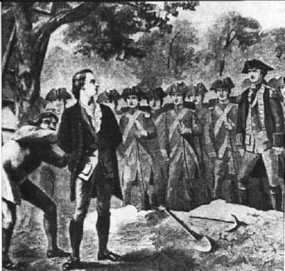 In this illustration Revolutionary War spy Nathan Hale is about to be executed by the British Army following his capture.
