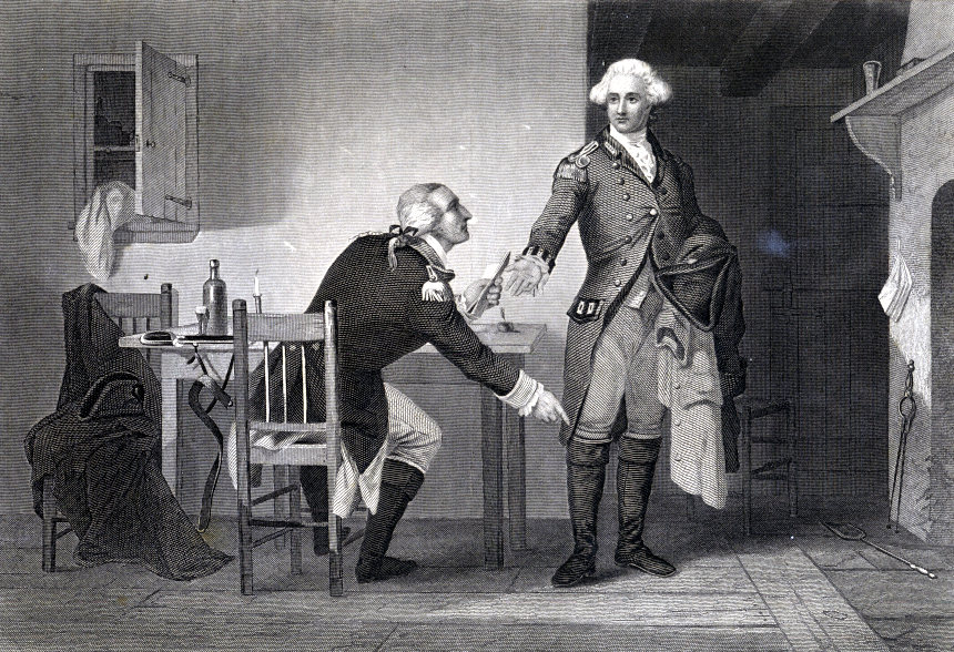 In this 19th century lithograph, Benedict Arnold pointing to co-conspirator John André's boot, suggesting a way to hide incriminating papers. Both were exposed by the American spy network, the Culper Ring.