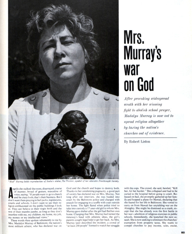 The first page for the Post article "Mrs. Murray's War on God." This links to the full story from the Post's archive.