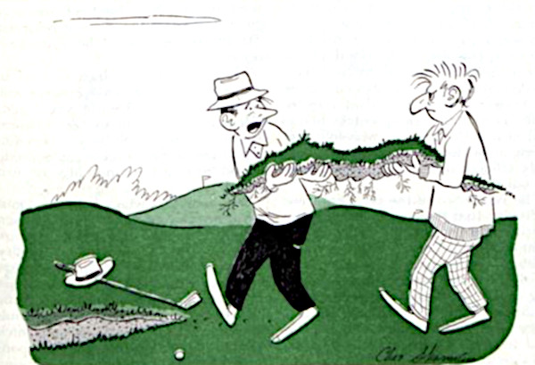 Two golfers carry an enormous duvet back to the damaged lawn.