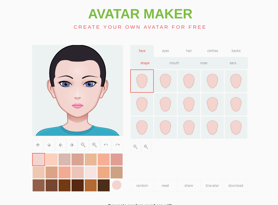 Screen capture of the avatar creation page on avatarmaker.com. A cartoon head is being edited, with a selection of face shapes and skin color swatches.