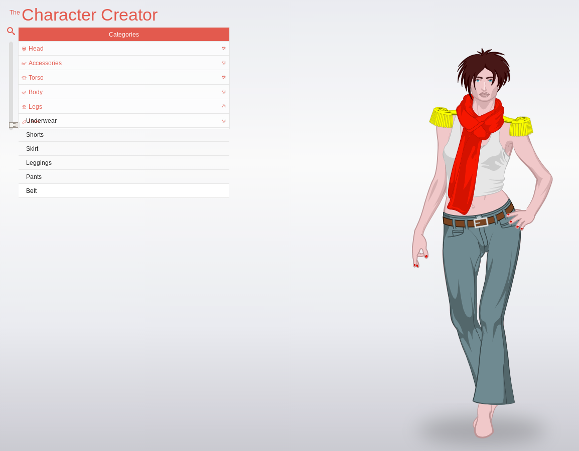 Screen capture of the character creation page from charactercreator.org. A full body figure of a character can be seen, as well as the different options a user could pick to change its appearance.