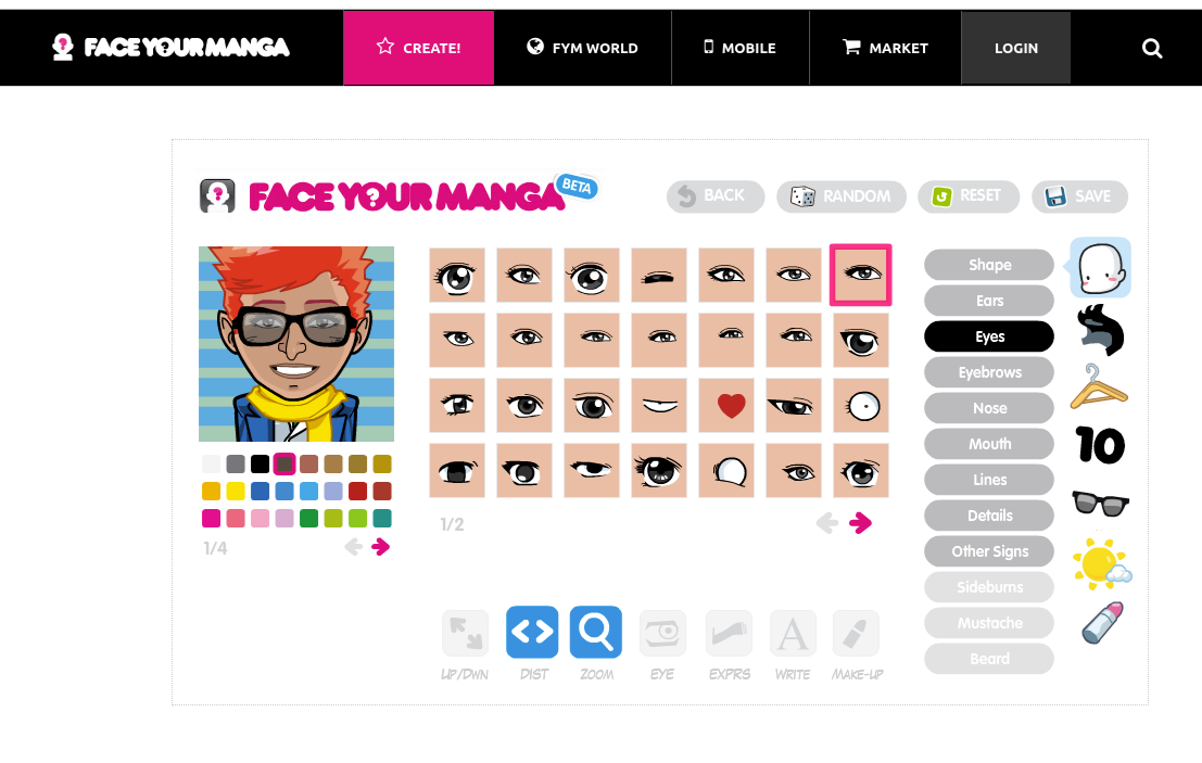 Screenshot from faceyourmanga.com, with an avatar's face and appearance options.
