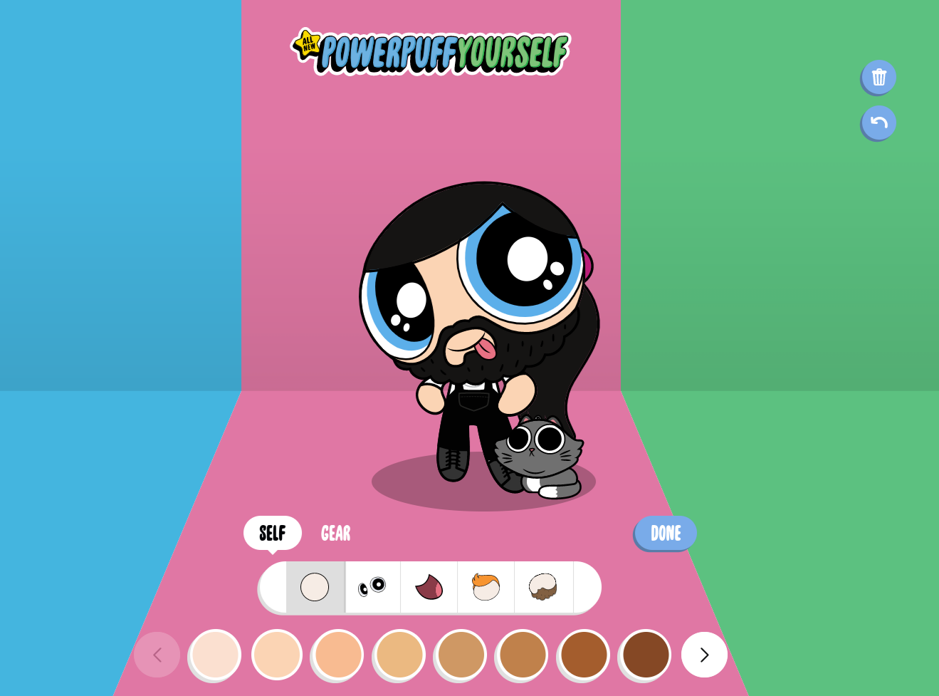 Screenshot from powerpuffyourself.com, featuring a cartoon character that was made by appearance options.