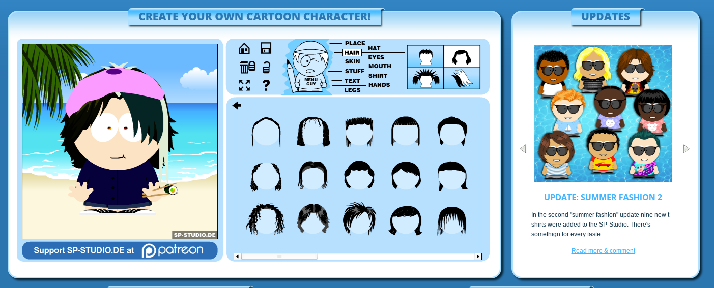 Screenshot of sp-studio.de. South Park-like characters, with appearance options, can be seen.