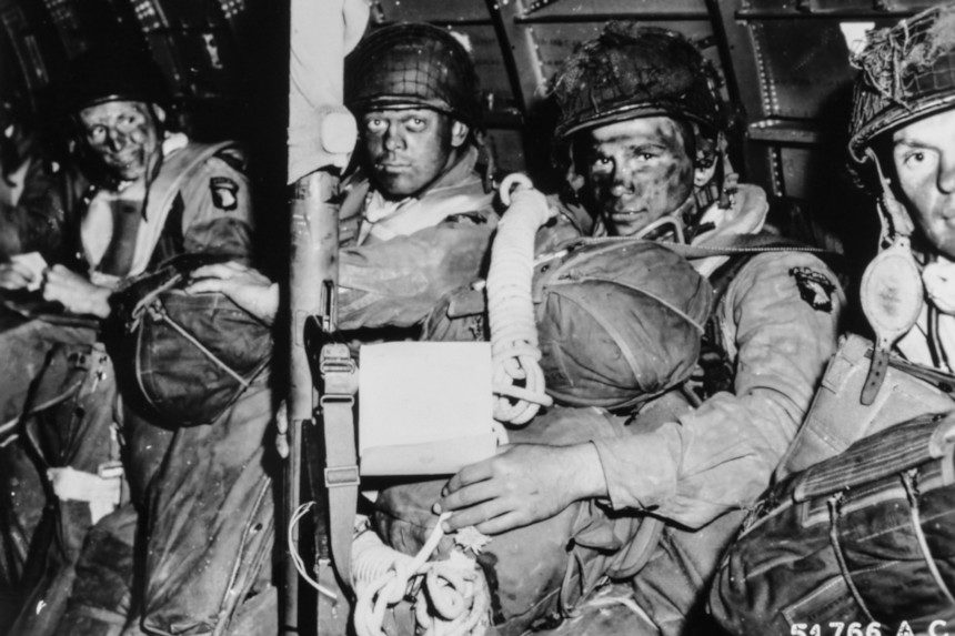 U.S Army paratroopers before they leapt off an airborne plane.