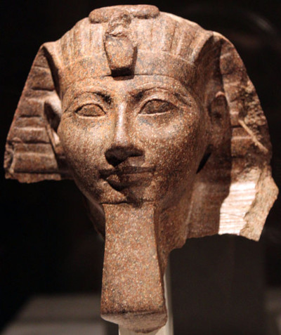 Stone bust of ancient Egyptian pharaoh, Hatshepsut.