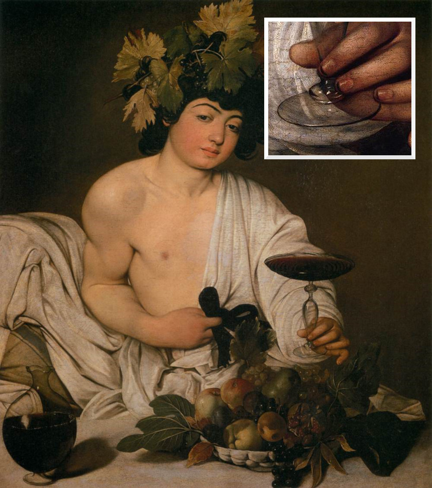 Caravaggio’s "Bacchus", with a close-up of the Greek's god's hand to show the detail of his dirty fingernails.