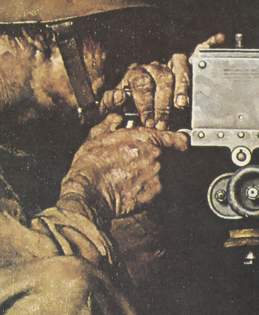 A magnified image of one of Norman Rockwell's World War II paintings. The hands of the soldier on his weapon can be seen in extreme detail.