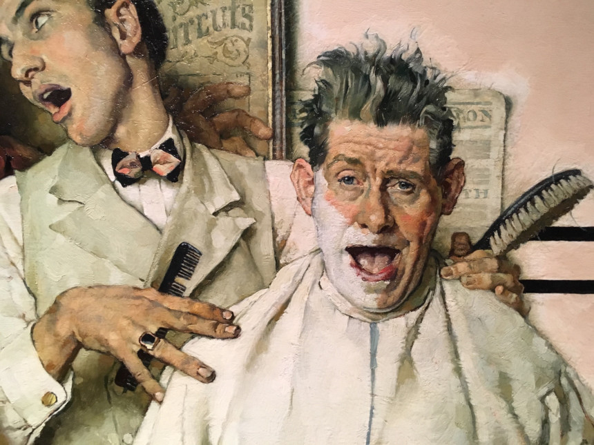 Detail of the hands and faces of Norman Rockwell's barbershop quartet.