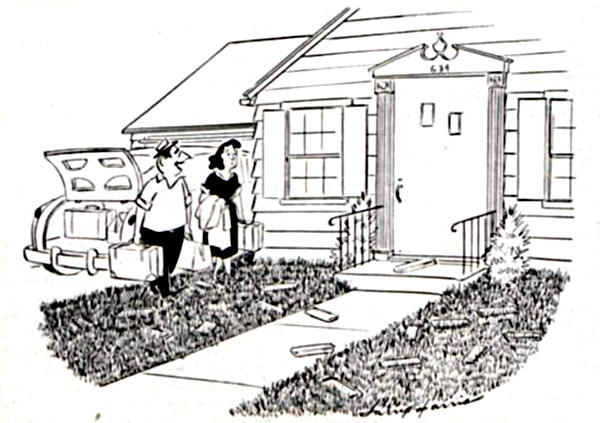 A couple arrive at their house after summer vacation. The man comments on how the high grass hides the newspapers left by the delivery person.