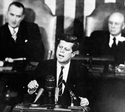U.S. President John F. Kennedy declaring his vision for a moon landing at a joint session of Congress in 1961.