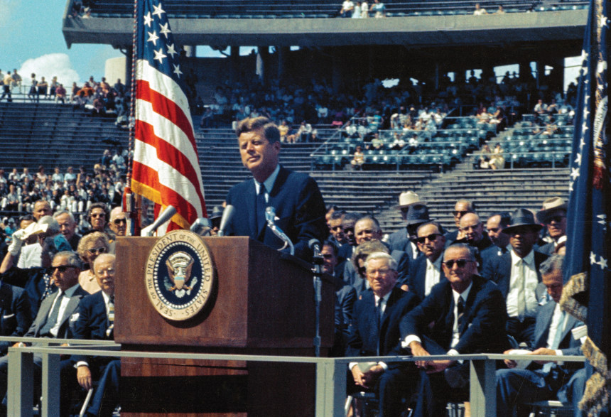 U.S. President John F. Kennedy before a crowd at Rice Stadium in Houston, Texas.