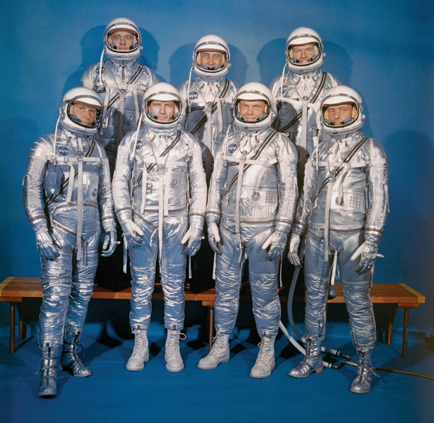 The crew of Mercury 7: Wally Schirra, Deke Slayton, John Glenn, Scott Carpenter, Alan Shepard, Gus Grissom, and Gordon Cooper