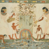 An ancient Egyptian painting depicting a family and their servants fishing in a marsh.
