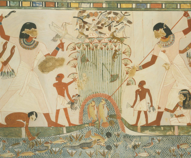 An ancient Egyptian painting depicting a family and their servants fishing in a marsh.