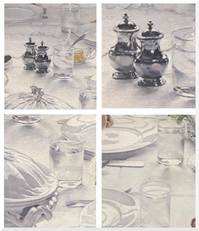 Closeups on the detail Norman Rockwell put into a painting of a dinner table. Features the reflections on a pair of salt shakers, plates, and glasses.