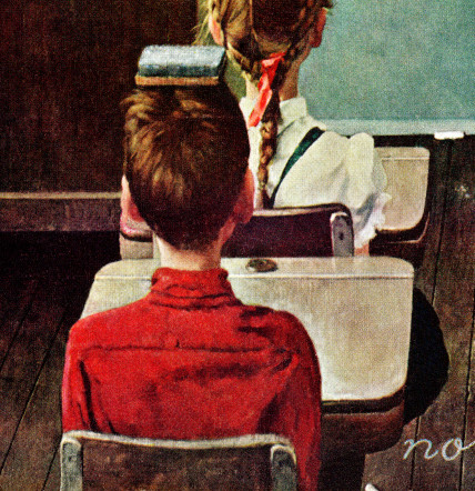 A detailed close up of the eraser resting on top of a schoolboy's head in Norman Rockwell's painting,