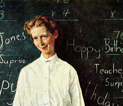 Close up of the teacher from the Norman Rockwell cover.