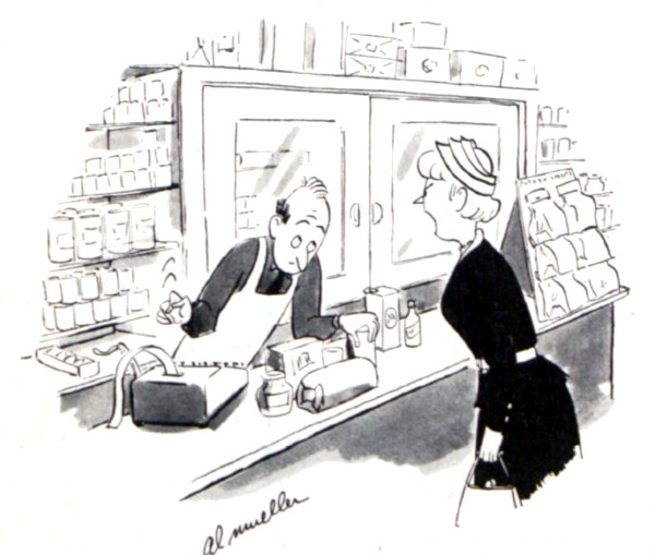 Woman complains to a grocer.