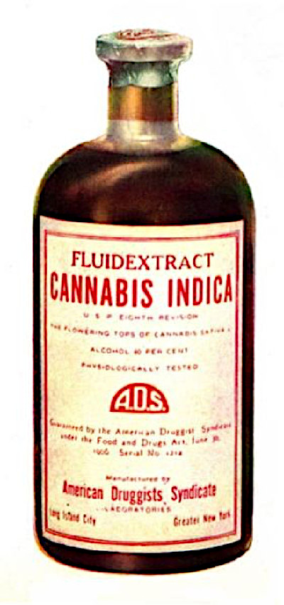 A medicine bottle labeled "Fluidextract Cannabis Indica"